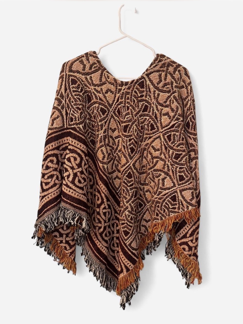 Woven Fringe Poncho in Brown & Tan